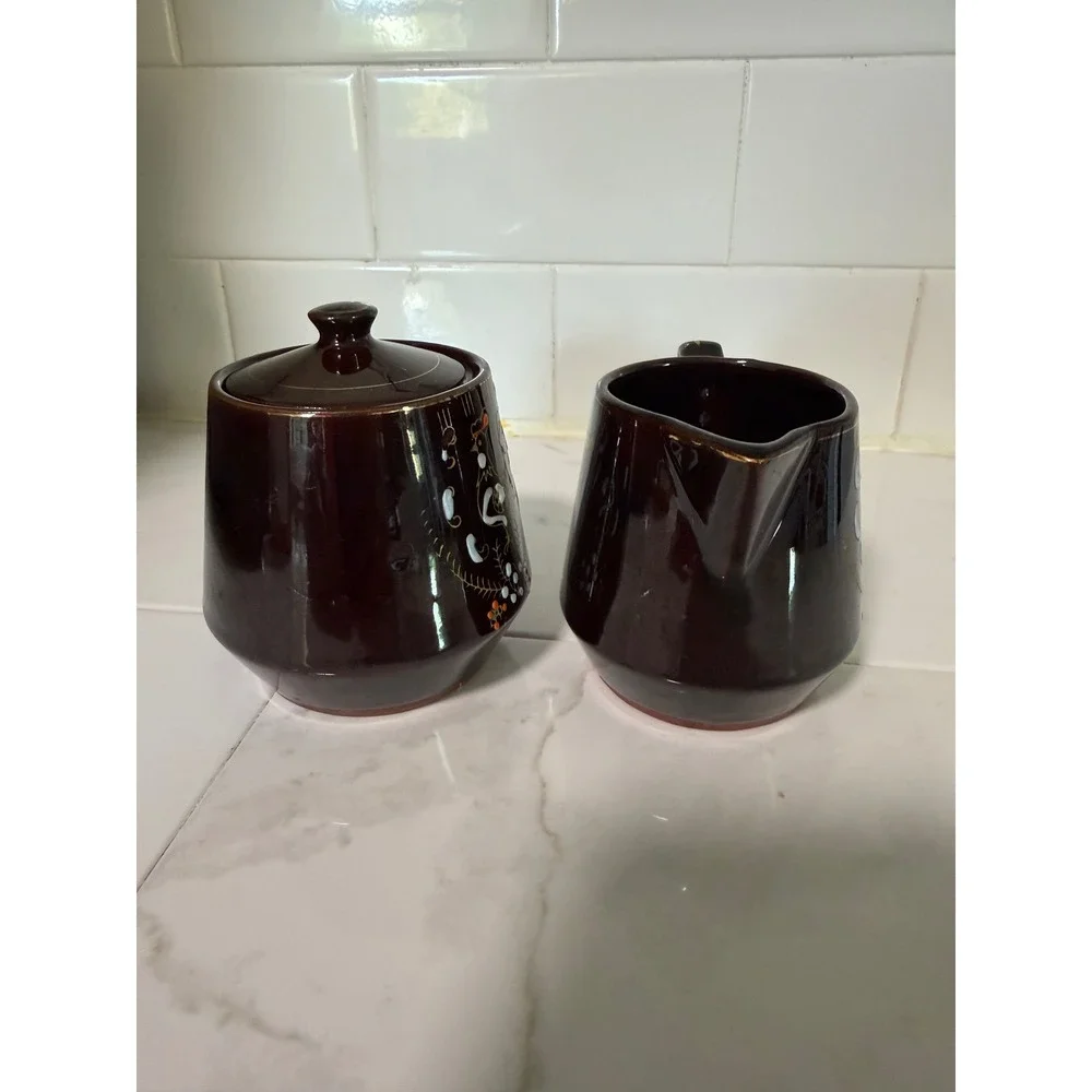 Vintage Brown Betty Red ware  Sugar Bowl and Creamer Set Mid Century Folk Art